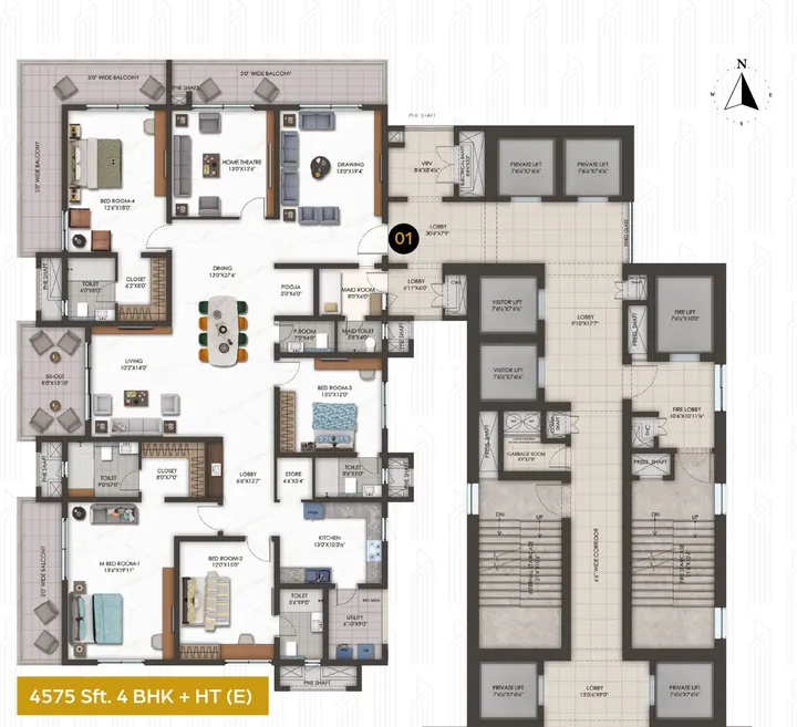 4 BHK plus home theatre floor plan at 4575 sq ft in Hallmark Altus
